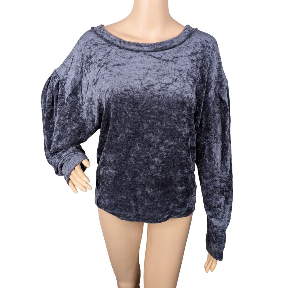 We The Free People Charcoal Crushed Velvet Puff Sleeve Boatneck Top S EUC - Picture 2 of 8